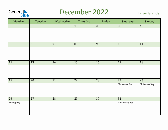 December 2022 Calendar with Faroe Islands Holidays