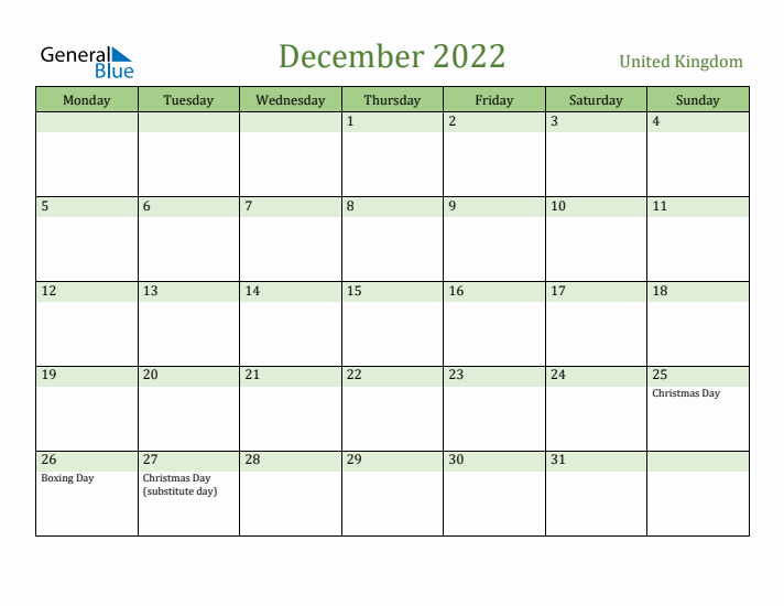 December 2022 Calendar with United Kingdom Holidays