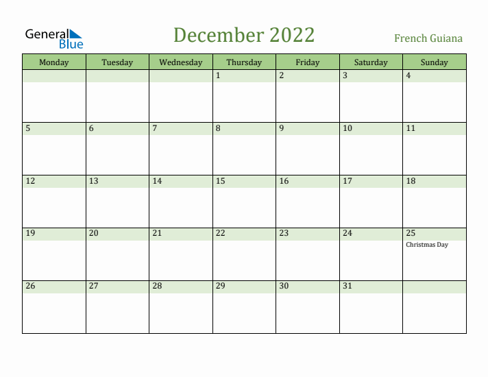 December 2022 Calendar with French Guiana Holidays