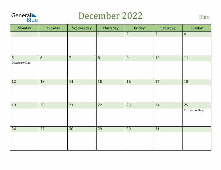 December 2022 Calendar with Haiti Holidays