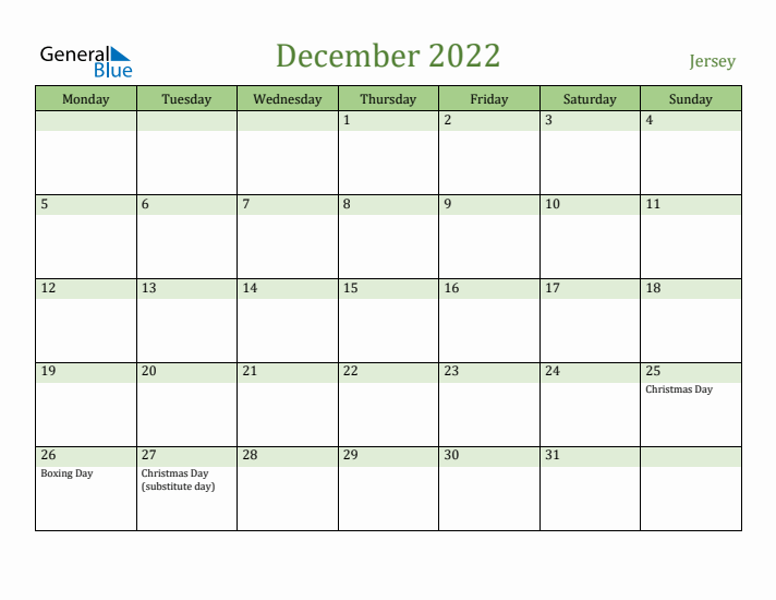 December 2022 Calendar with Jersey Holidays