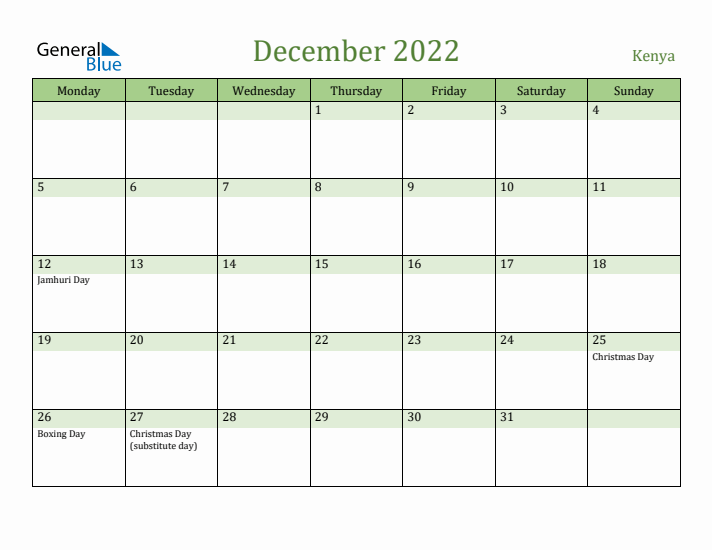 December 2022 Calendar with Kenya Holidays