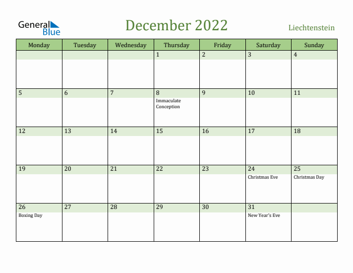 December 2022 Calendar with Liechtenstein Holidays