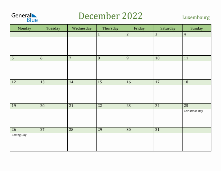 December 2022 Calendar with Luxembourg Holidays