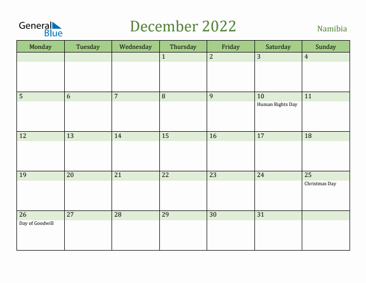 December 2022 Calendar with Namibia Holidays