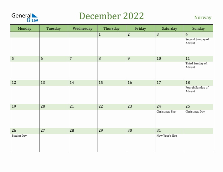 December 2022 Calendar with Norway Holidays