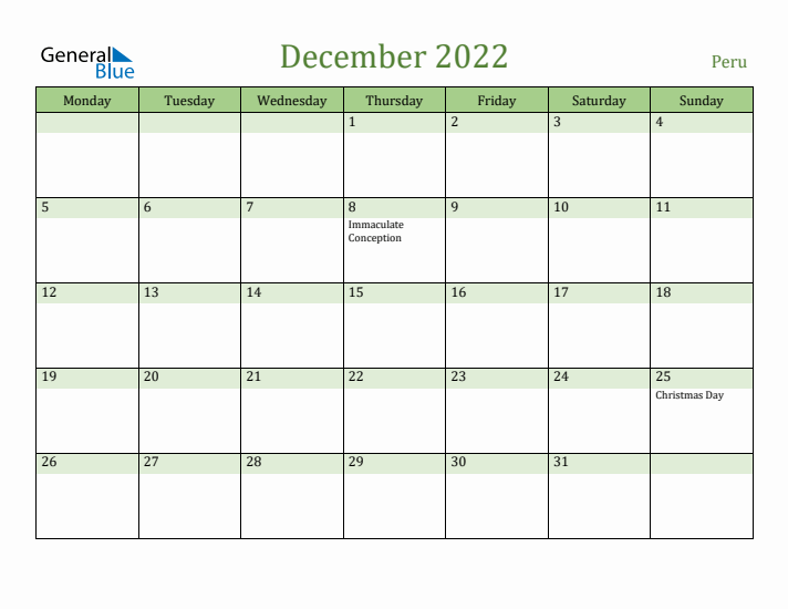 December 2022 Calendar with Peru Holidays