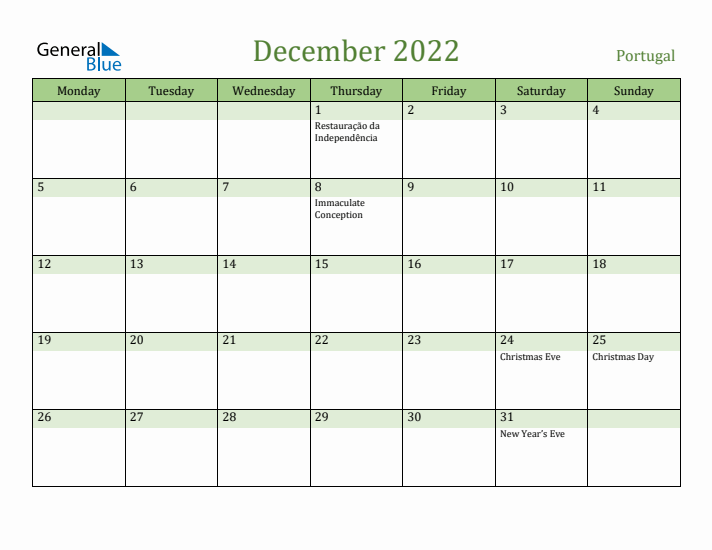 December 2022 Calendar with Portugal Holidays