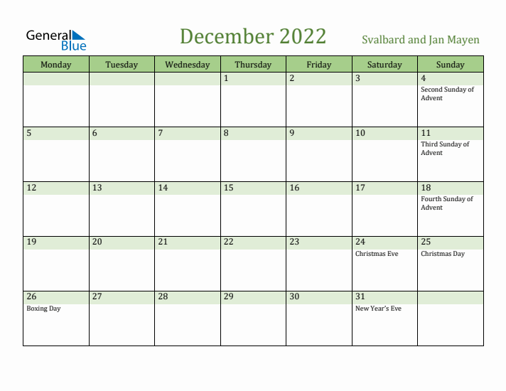 December 2022 Calendar with Svalbard and Jan Mayen Holidays