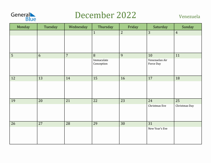 December 2022 Calendar with Venezuela Holidays