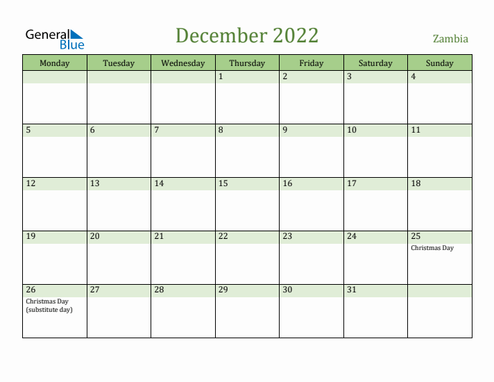 December 2022 Calendar with Zambia Holidays