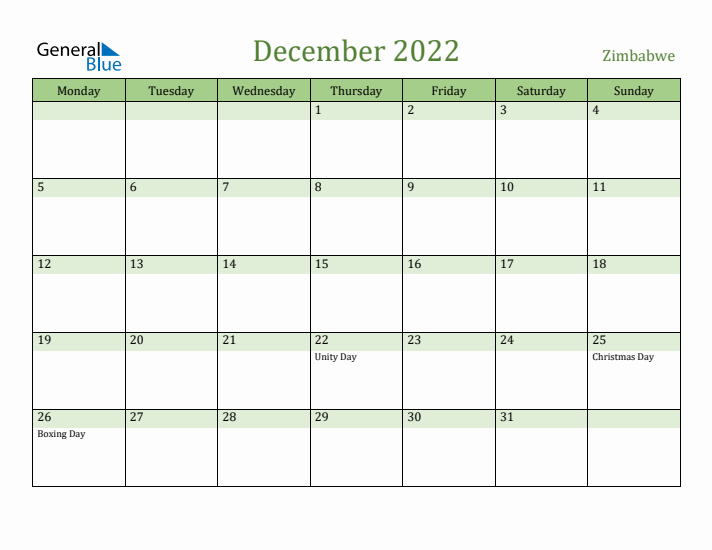 December 2022 Calendar with Zimbabwe Holidays