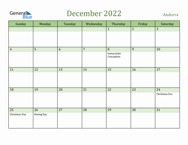 December 2022 Calendar with Andorra Holidays