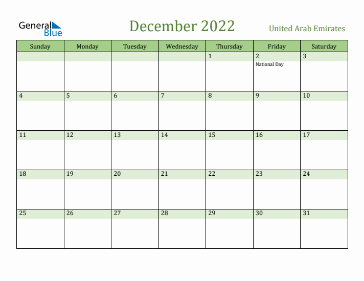 December 2022 Calendar with United Arab Emirates Holidays