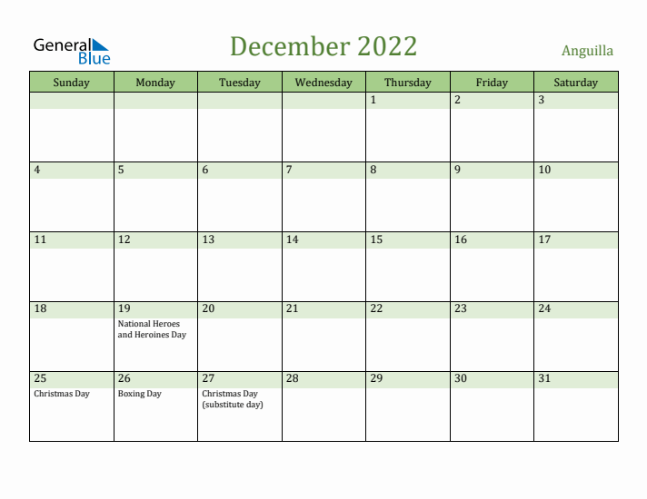 December 2022 Calendar with Anguilla Holidays