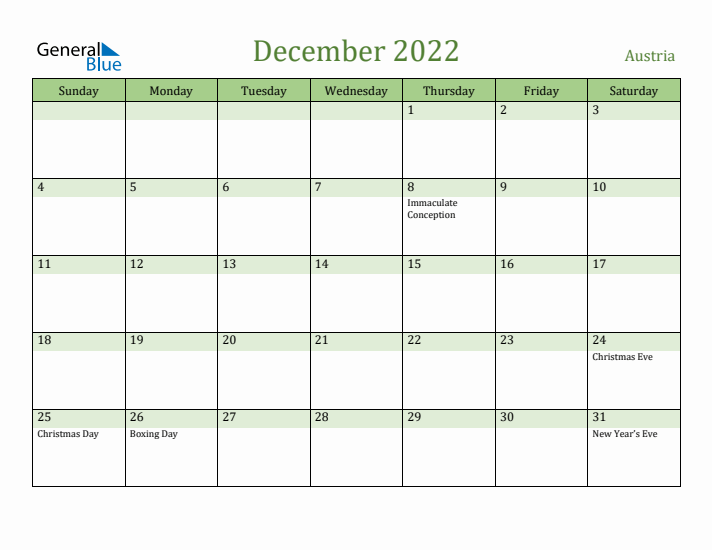 December 2022 Calendar with Austria Holidays