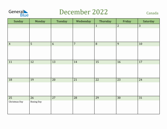 December 2022 Calendar with Canada Holidays