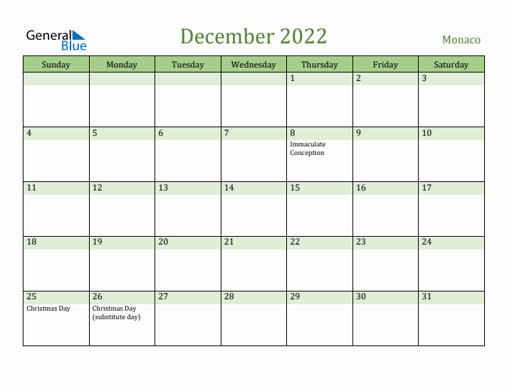 December 2022 Calendar with Monaco Holidays