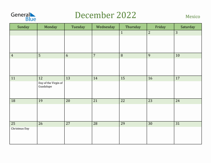 December 2022 Calendar with Mexico Holidays