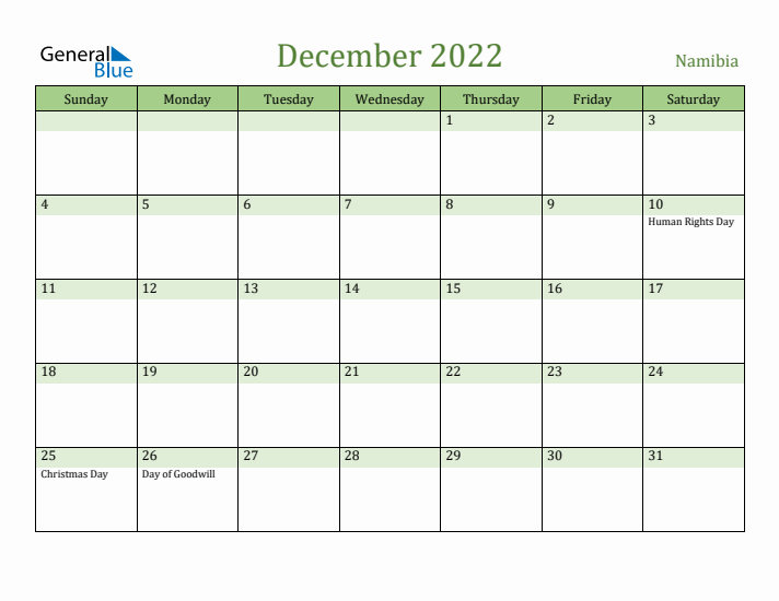 December 2022 Calendar with Namibia Holidays