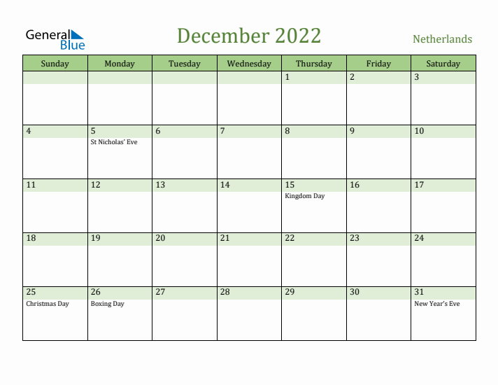 December 2022 Calendar with The Netherlands Holidays