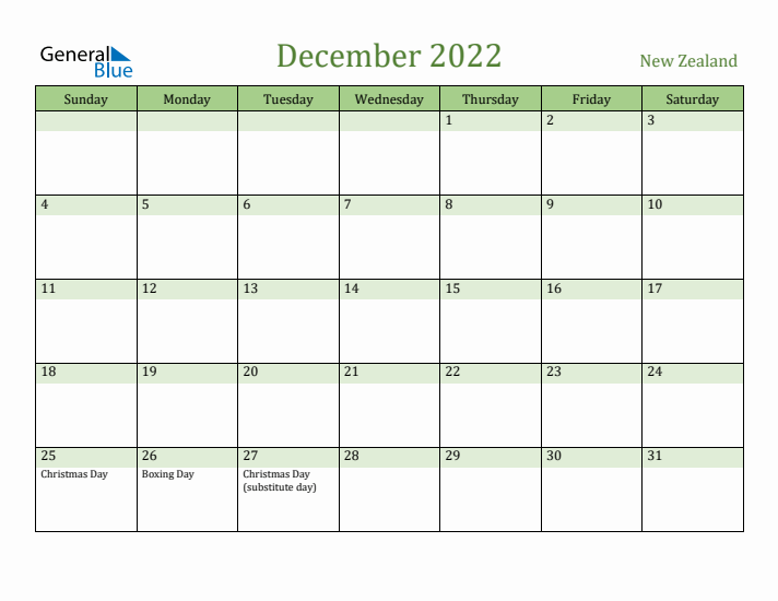 December 2022 Calendar with New Zealand Holidays