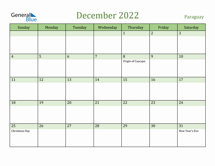 December 2022 Calendar with Paraguay Holidays