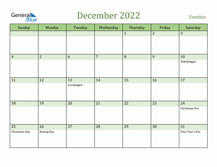 December 2022 Calendar with Sweden Holidays