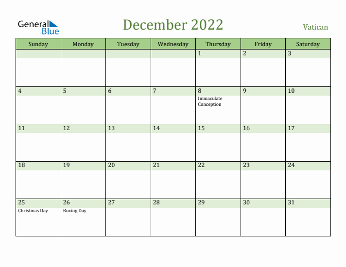 December 2022 Calendar with Vatican Holidays