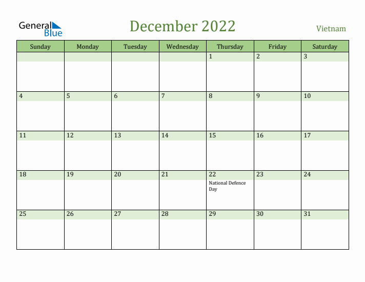 December 2022 Calendar with Vietnam Holidays