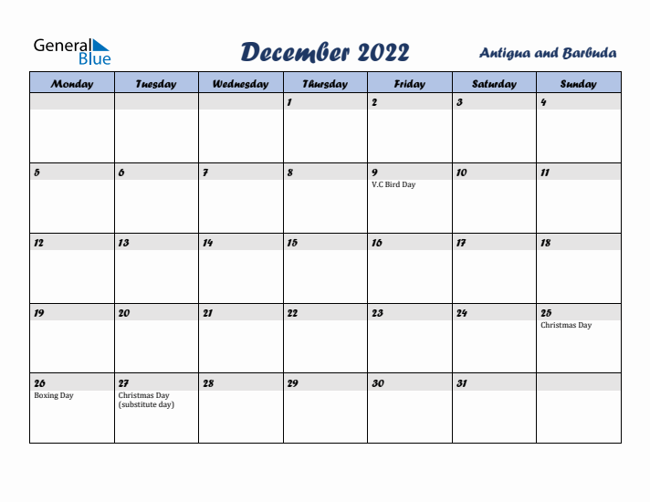 December 2022 Calendar with Holidays in Antigua and Barbuda