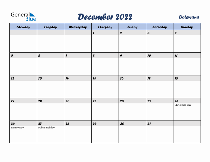 December 2022 Calendar with Holidays in Botswana