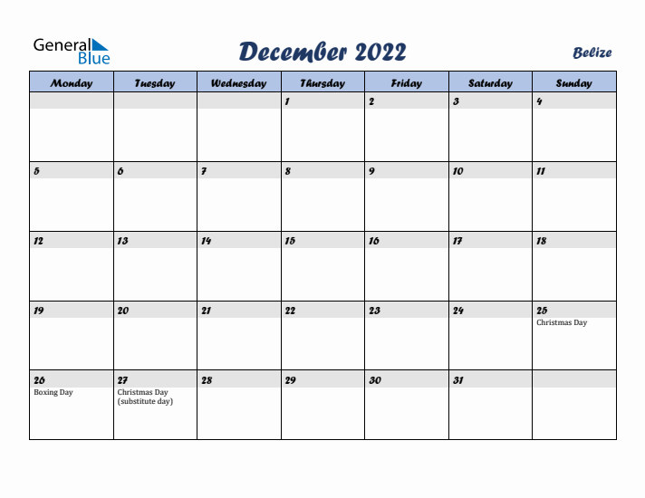 December 2022 Calendar with Holidays in Belize