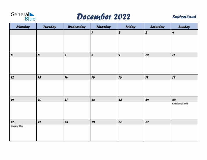 December 2022 Calendar with Holidays in Switzerland