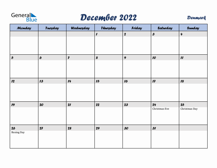 December 2022 Calendar with Holidays in Denmark