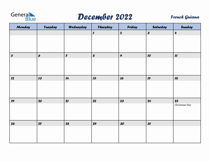 December 2022 Calendar with Holidays in French Guiana