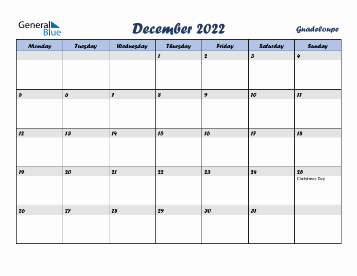 December 2022 Calendar with Holidays in Guadeloupe