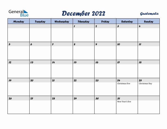 December 2022 Calendar with Holidays in Guatemala