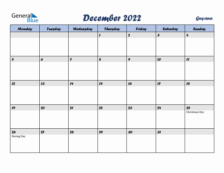 December 2022 Calendar with Holidays in Guyana