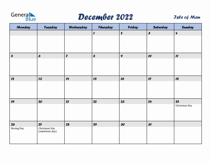 December 2022 Calendar with Holidays in Isle of Man