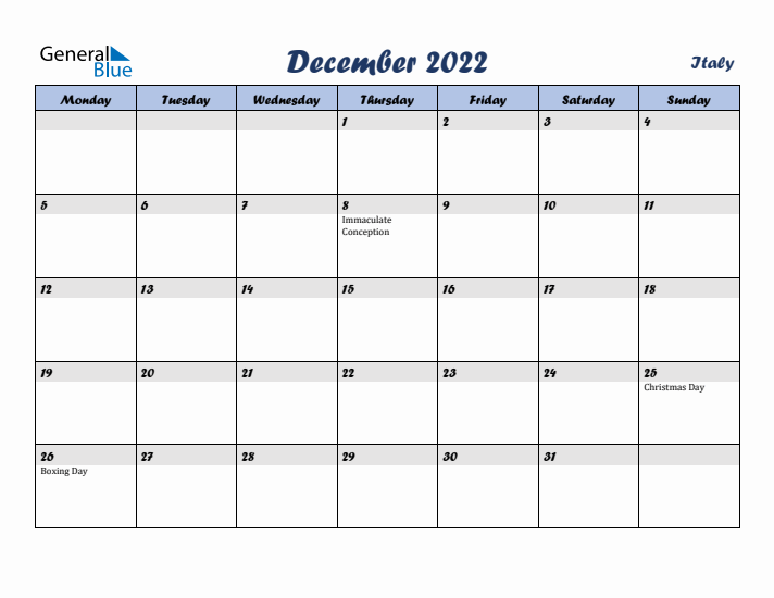 December 2022 Calendar with Holidays in Italy