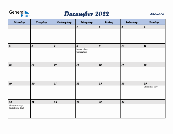 December 2022 Calendar with Holidays in Monaco