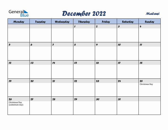 December 2022 Calendar with Holidays in Malawi