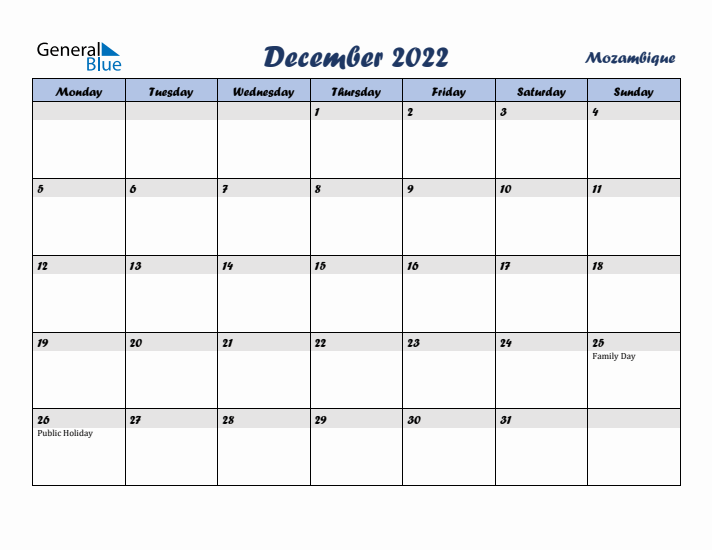 December 2022 Calendar with Holidays in Mozambique