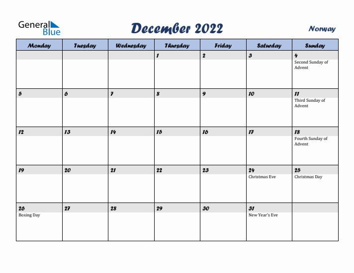 December 2022 Calendar with Holidays in Norway