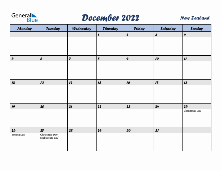 December 2022 Calendar with Holidays in New Zealand