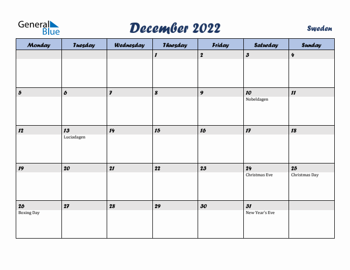 December 2022 Calendar with Holidays in Sweden