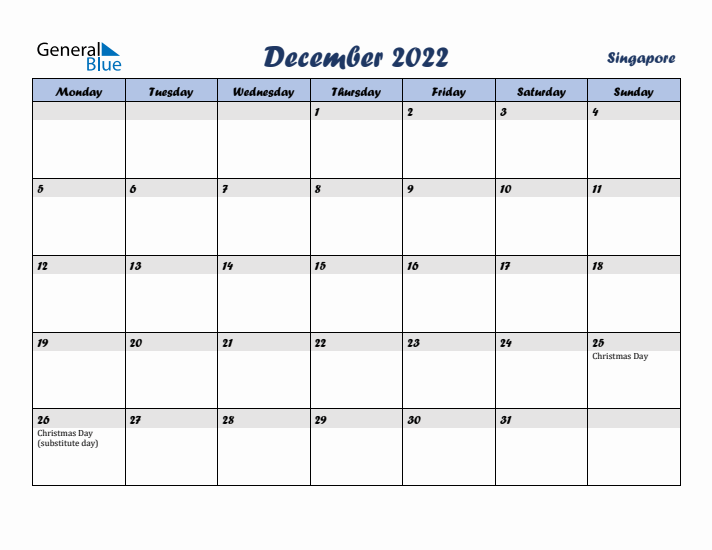 December 2022 Calendar with Holidays in Singapore