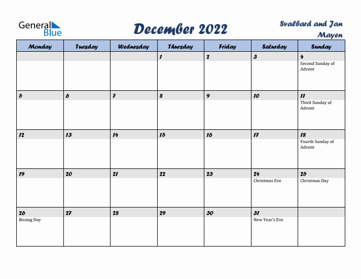 December 2022 Calendar with Holidays in Svalbard and Jan Mayen