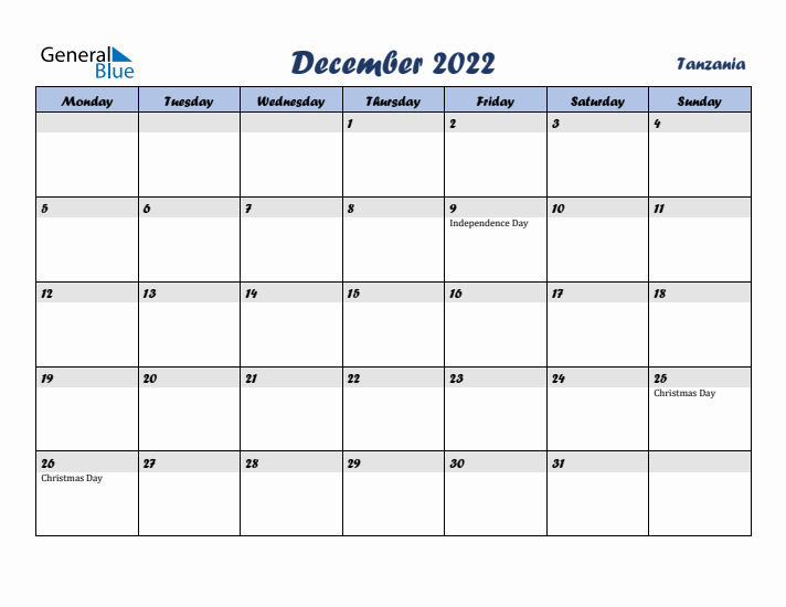 December 2022 Calendar with Holidays in Tanzania